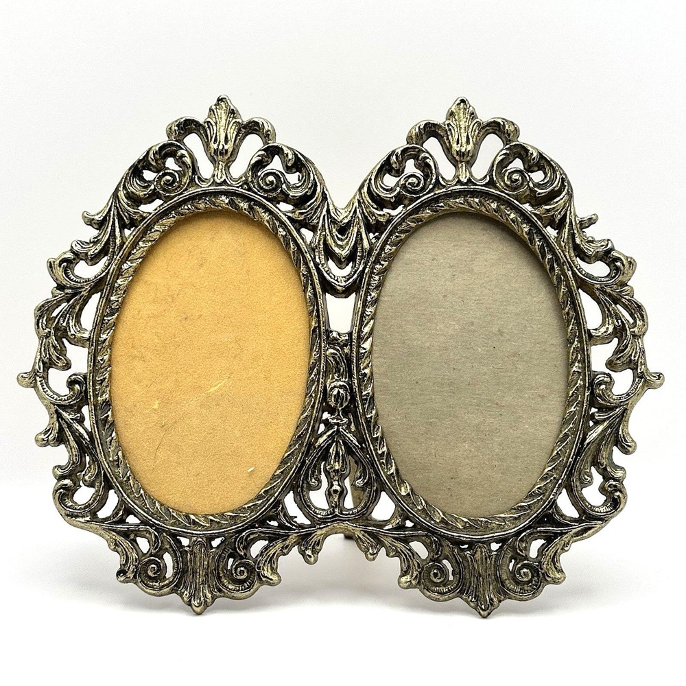 Vintage Ornate Brass Tone Double Picture Frame 3x5 Oval Standing 7x6